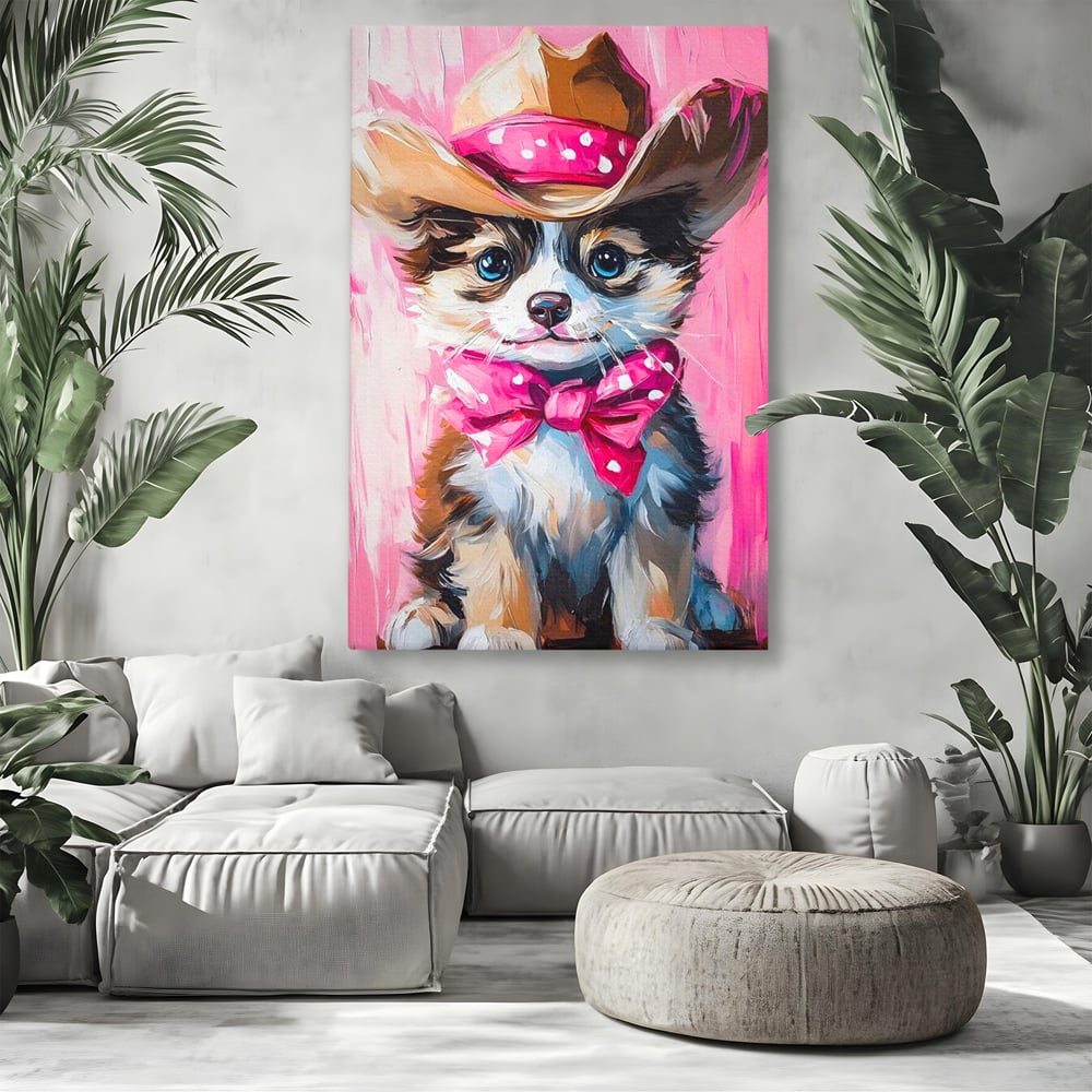 Tablou canvas cu tablou canvas cu catelus cowboy, fara rama, pe sasiu de lemn, pe perete intr-un living